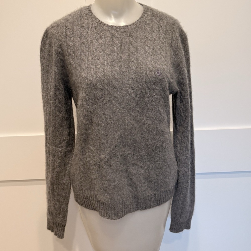 VTG Lauren Ralph Lauren 100% Cashmere Sweater L Gray Cable Knit Preppy Luxury